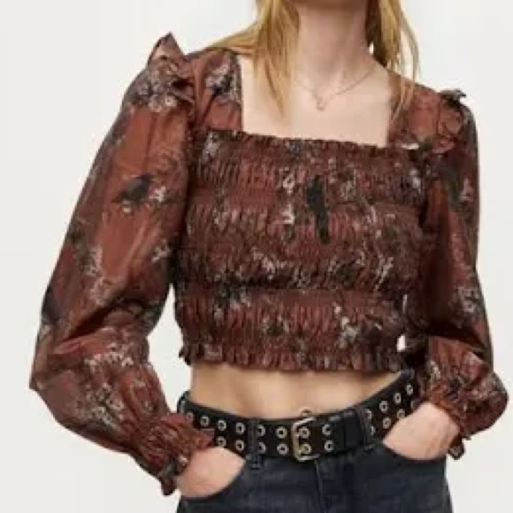 All Saints Brown Floral Smocked Blouse